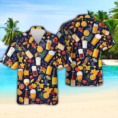 Hawaiian Shirt Cocktail Beer Print, Tropical Summer Aloha Shirt for Men, Beach Party Vacation Outfit, Fun Floral Drink Shirt
