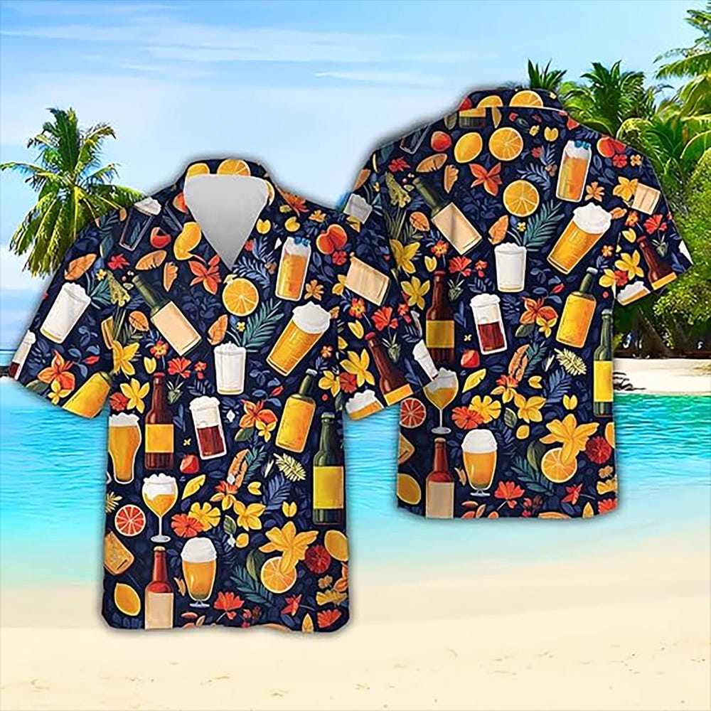 Hawaiian Shirt Cocktail Beer Print, Tropical Summer Aloha Shirt for Men, Beach Party Vacation Outfit, Fun Floral Drink Shirt