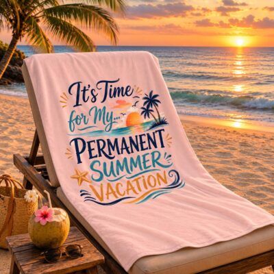 Teacher Retirement Beach Towel, Permanent Summer Vacation Pool Towel Gift for Retired Teacher End of Career Gift for Colleague